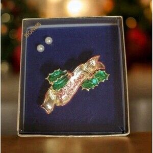Vintage Enamel Christmas brooch pin Happy Holidays Holly Leaf banner boxed